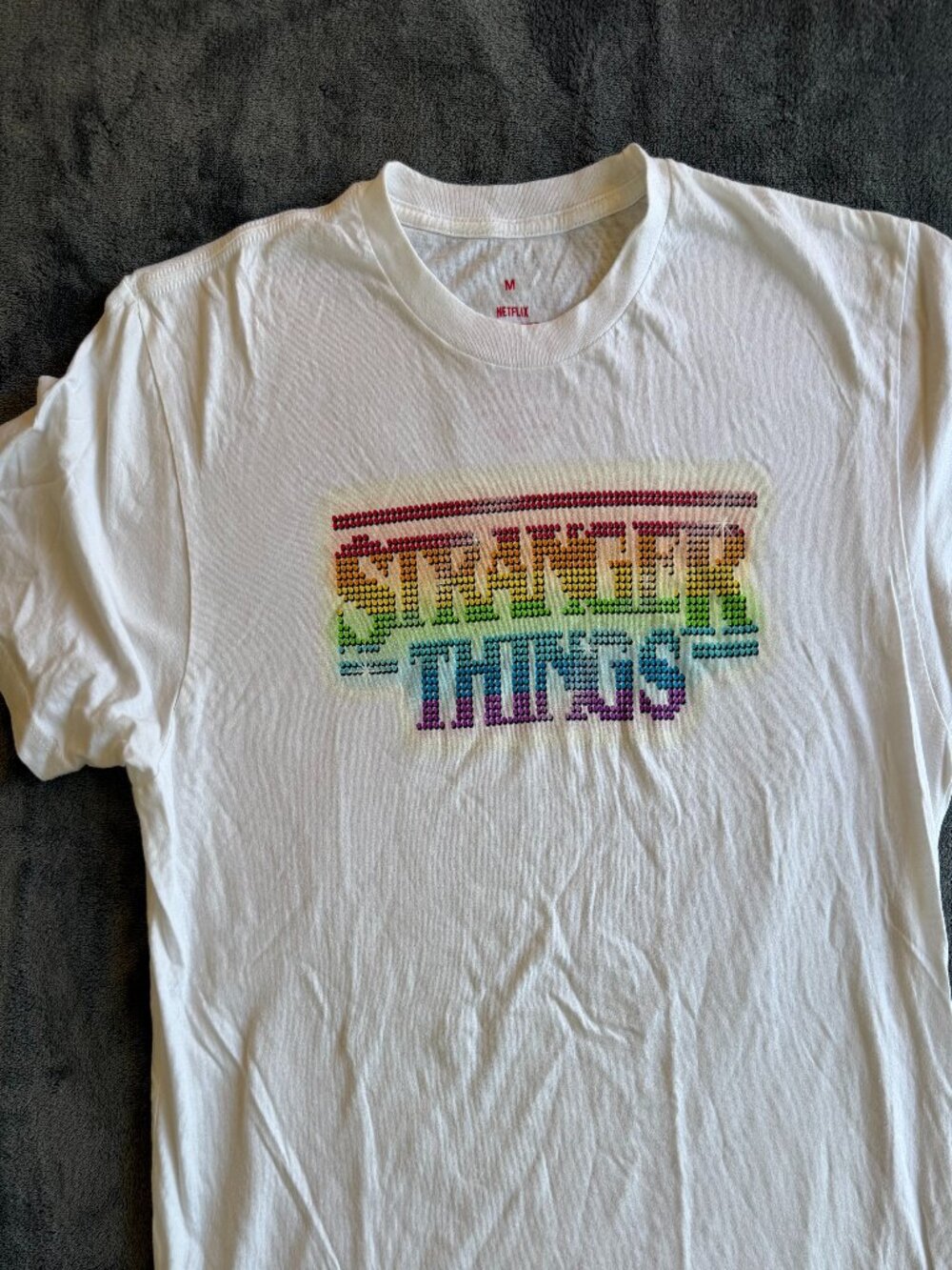 Stranger Things Logo Tee with Multi-Color Disco Lettering, White, M